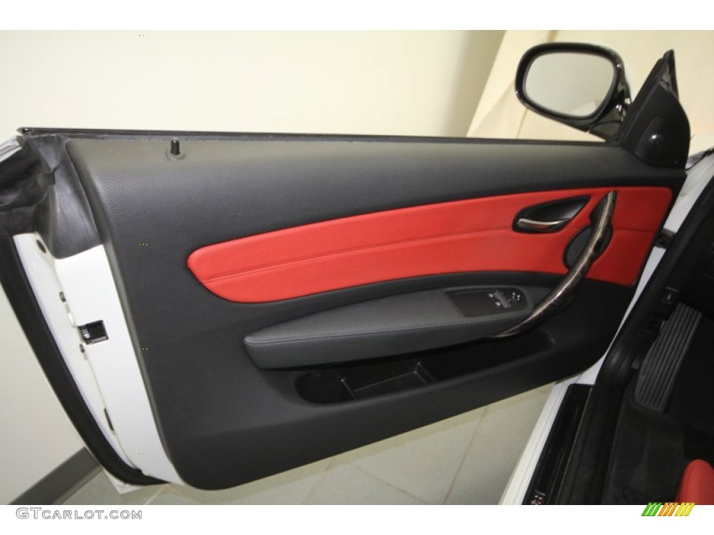 2010 BMW 1 Series 128i Coupe Coral Red Boston Leather Door Panel Photo #69007906