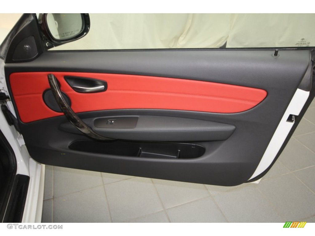 2010 BMW 1 Series 128i Coupe Coral Red Boston Leather Door Panel Photo #69008101