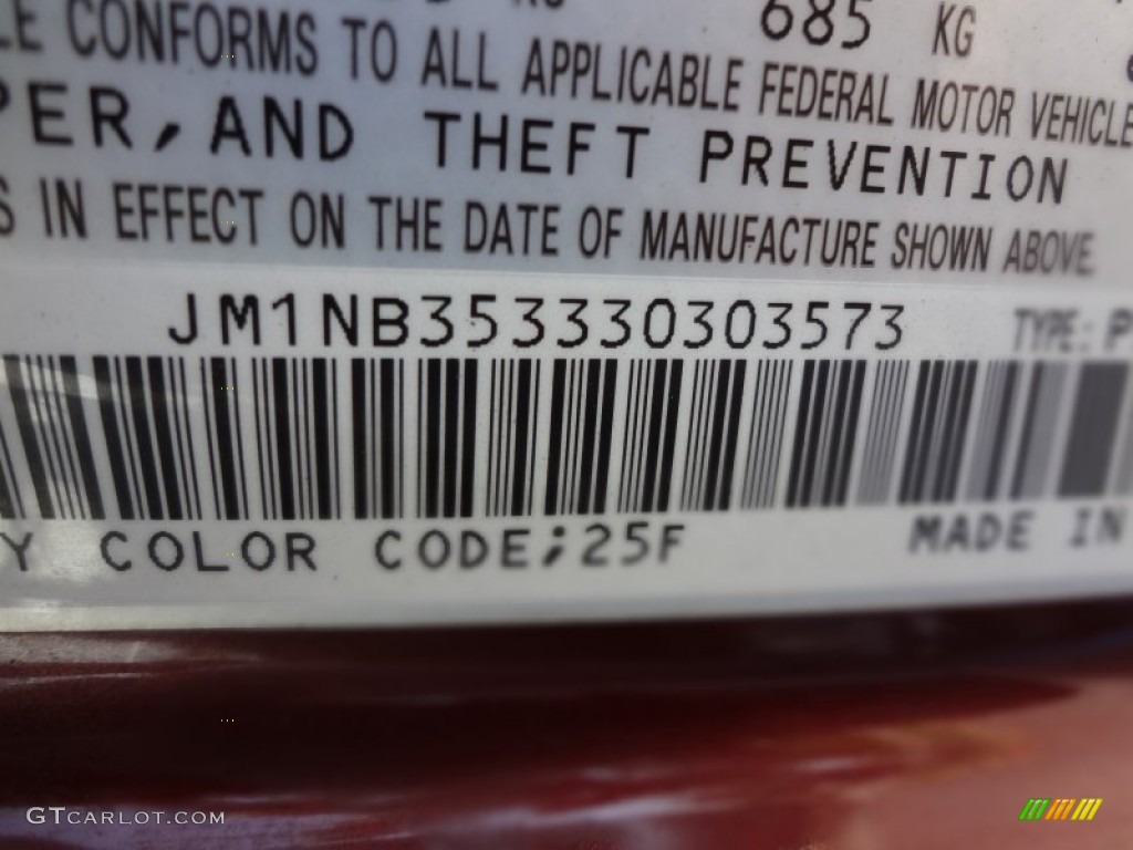 2003 MX-5 Miata Color Code 25F for Garnet Red Mica Photo #69030167