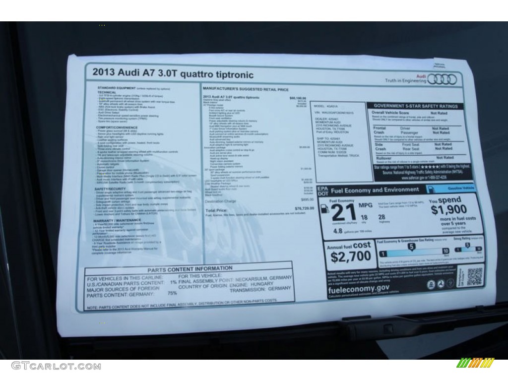 2013 Audi A7 3.0T quattro Prestige Window Sticker Photo #69050198