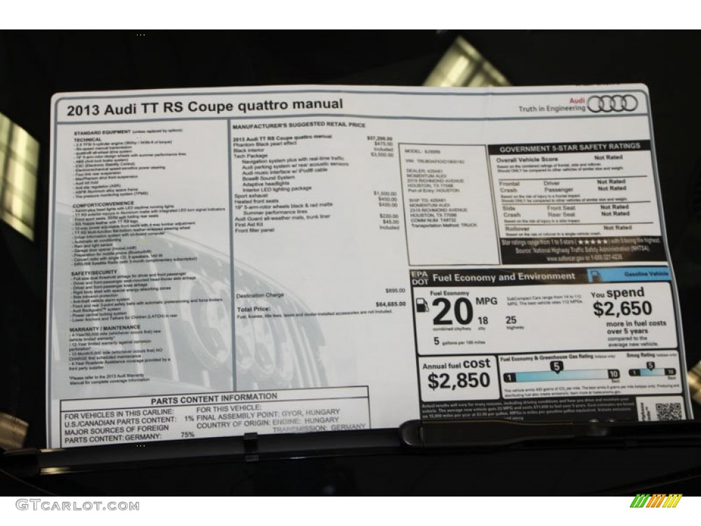 2013 Audi TT RS quattro Coupe Window Sticker Photo #69051365