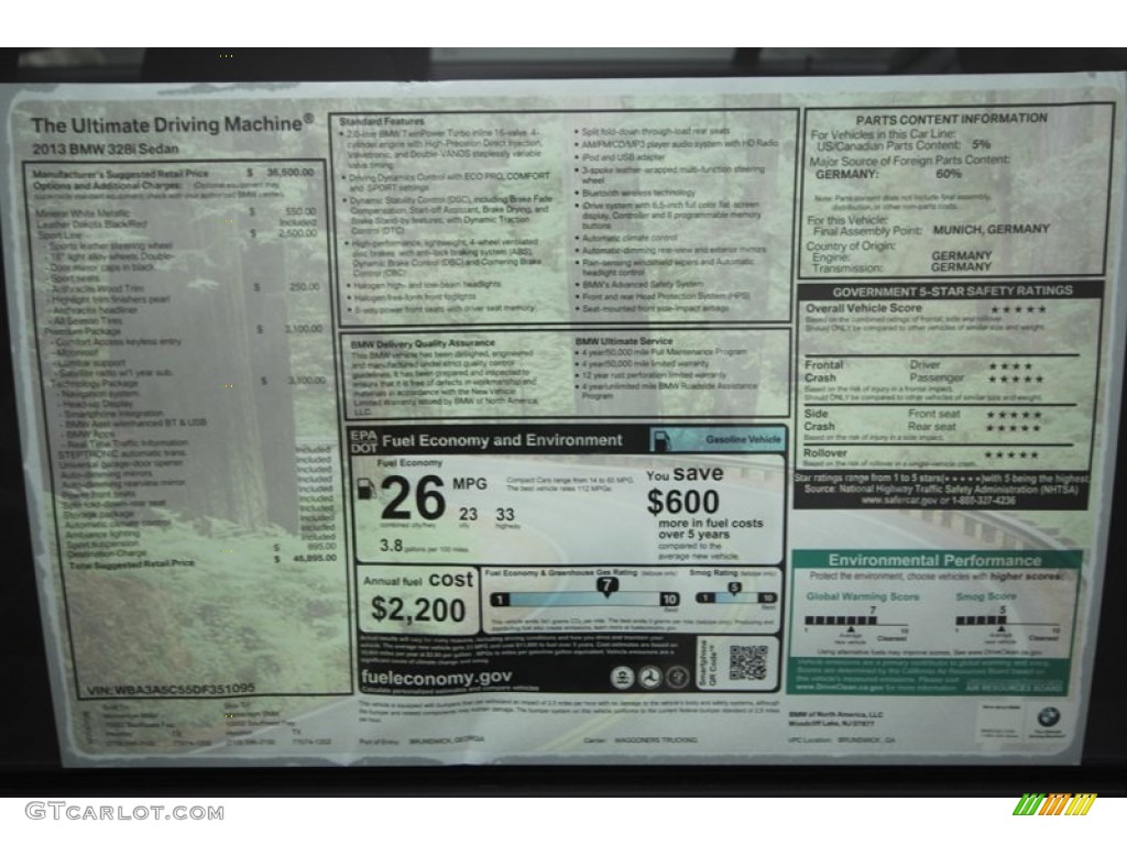 2013 BMW 3 Series 328i Sedan Window Sticker Photo #69057492