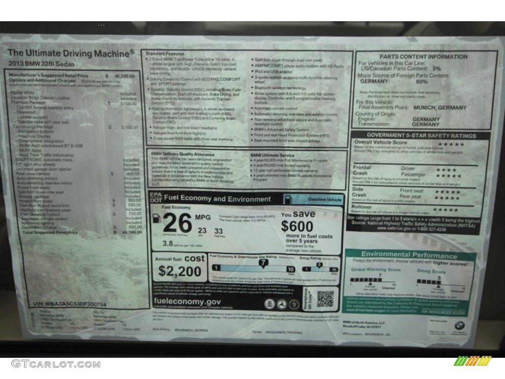 2013 BMW 3 Series 328i Sedan Window Sticker Photo #69057740