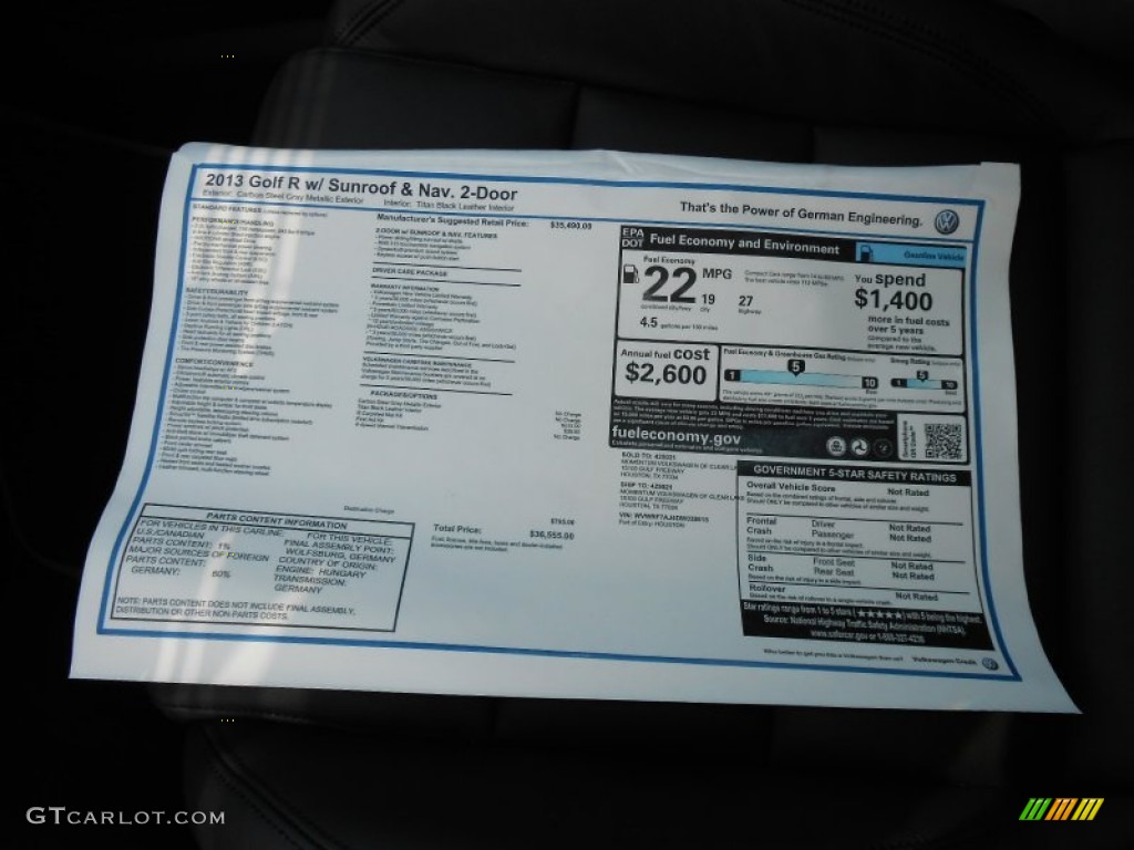 2013 Volkswagen Golf R 2 Door 4Motion Window Sticker Photo #69060290
