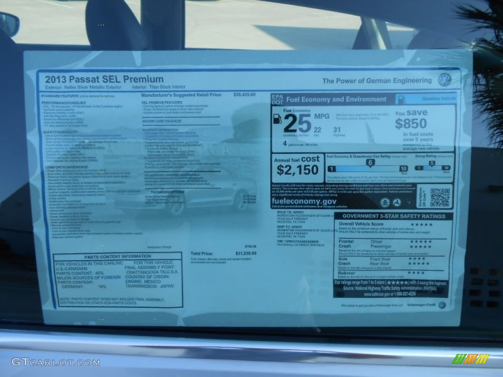 2013 Volkswagen Passat 2.5L SEL Window Sticker Photo #69062420