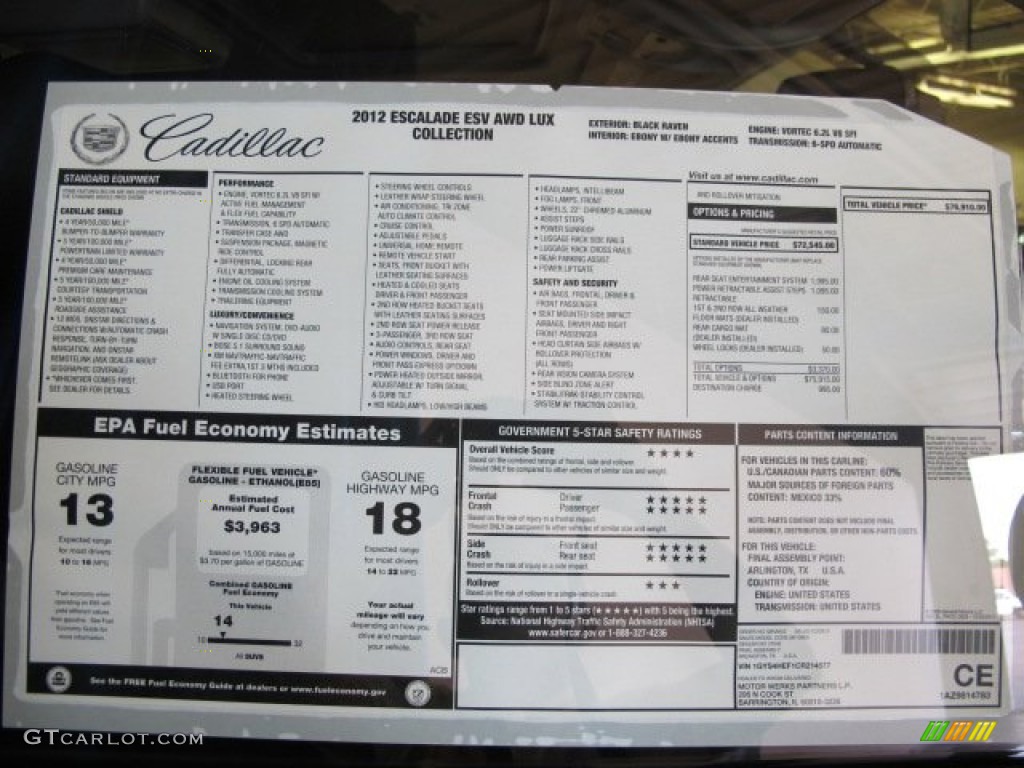 2012 Cadillac Escalade ESV Luxury AWD Window Sticker Photo #69072077