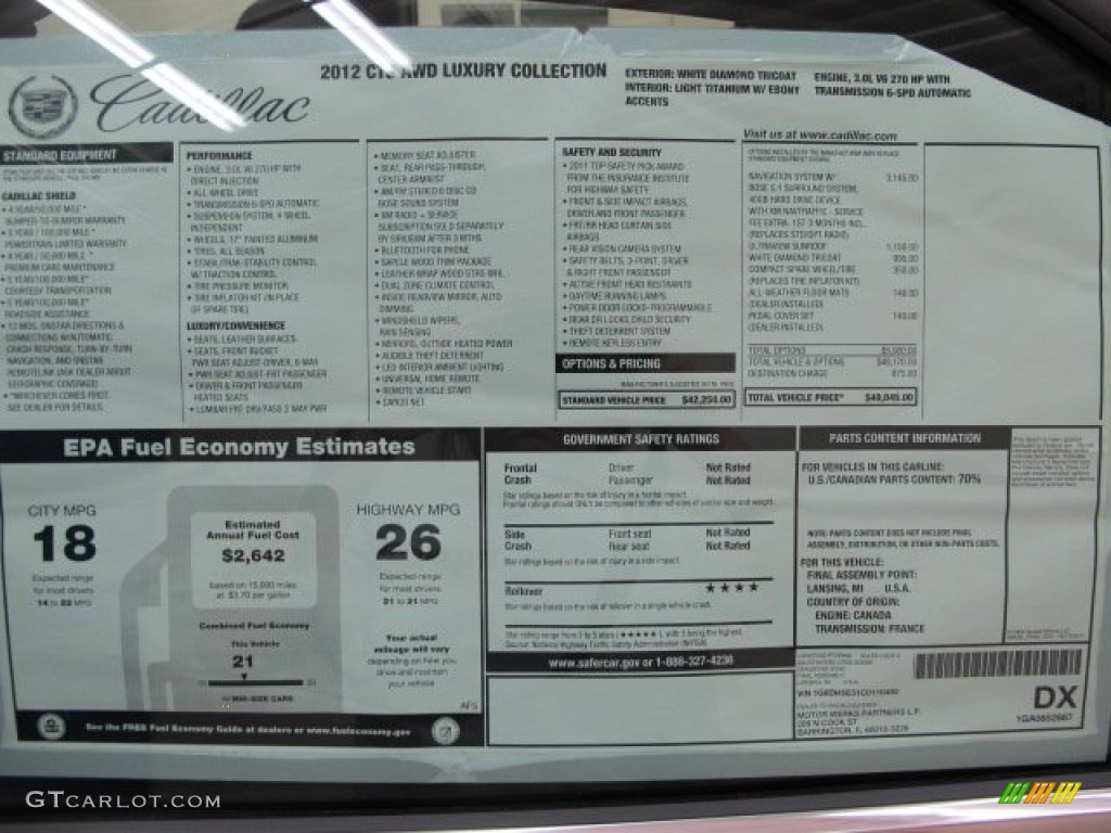 2012 Cadillac CTS 4 3.0 AWD Sedan Window Sticker Photo #69073589