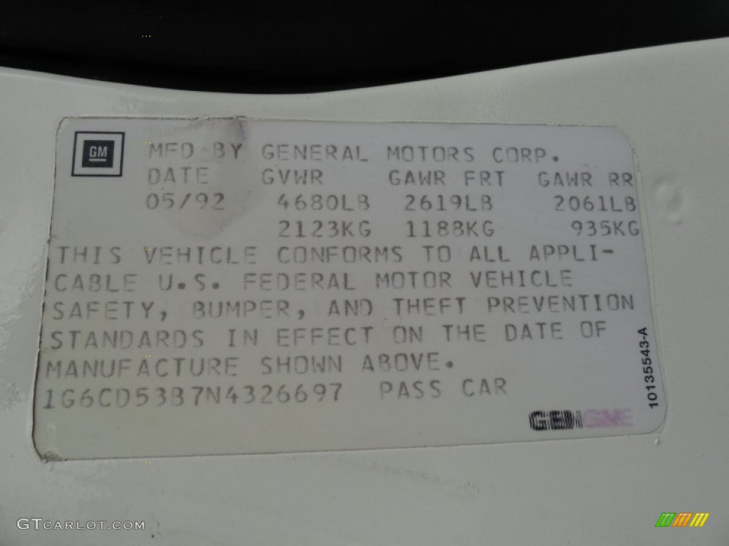 1992 Cadillac DeVille Sedan Info Tag Photos