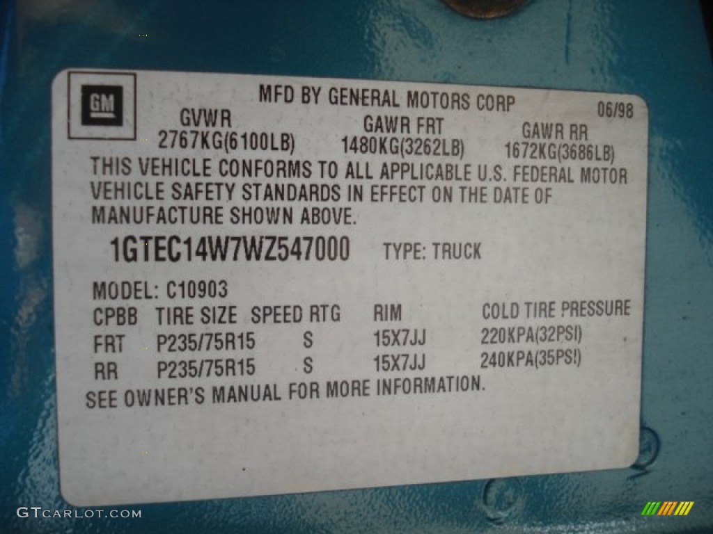 1998 Sierra 1500 SLE Regular Cab - Laguna Green Metallic / Pewter photo #20