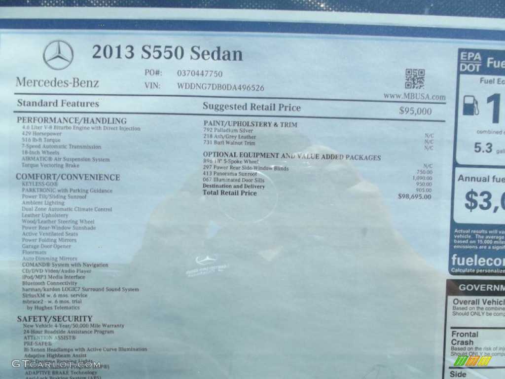 2013 Mercedes-Benz S 550 Sedan Window Sticker Photo #69133307