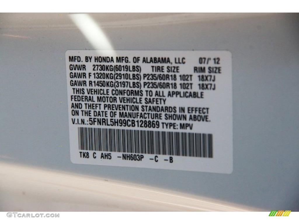 NH603P 2012 Honda Odyssey Touring Elite Parts