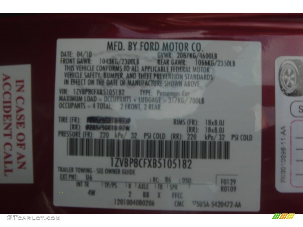 2011 Mustang Color Code U6 for Red Candy Metallic Photo #69140768