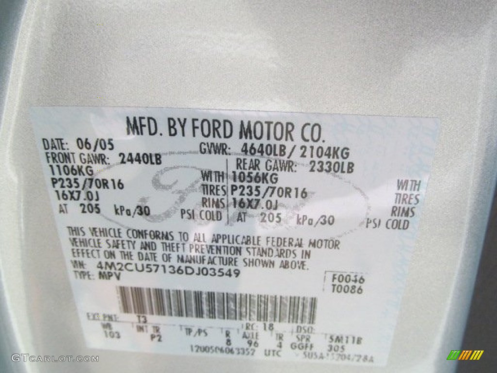 2006 Mercury Mariner Premier 4WD Color Code Photos