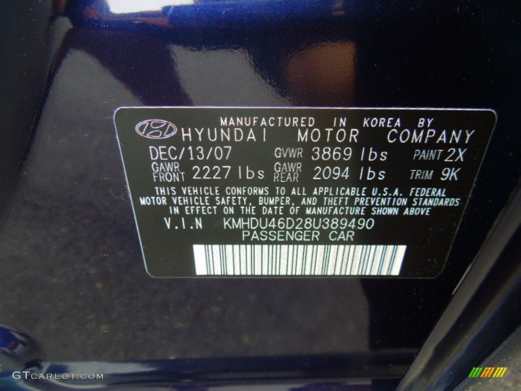 2008 Hyundai Elantra SE Sedan Color Code Photos