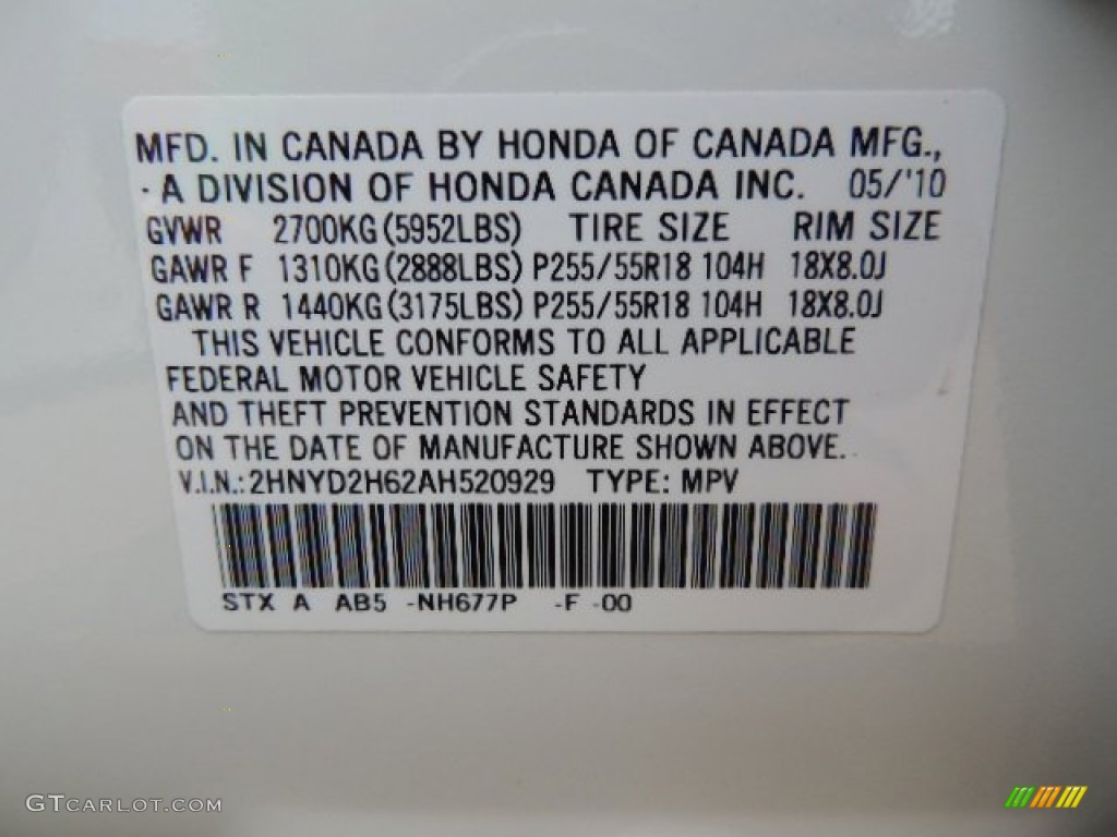 2010 MDX Color Code NH677P for Aspen White Pearl Photo #69172408