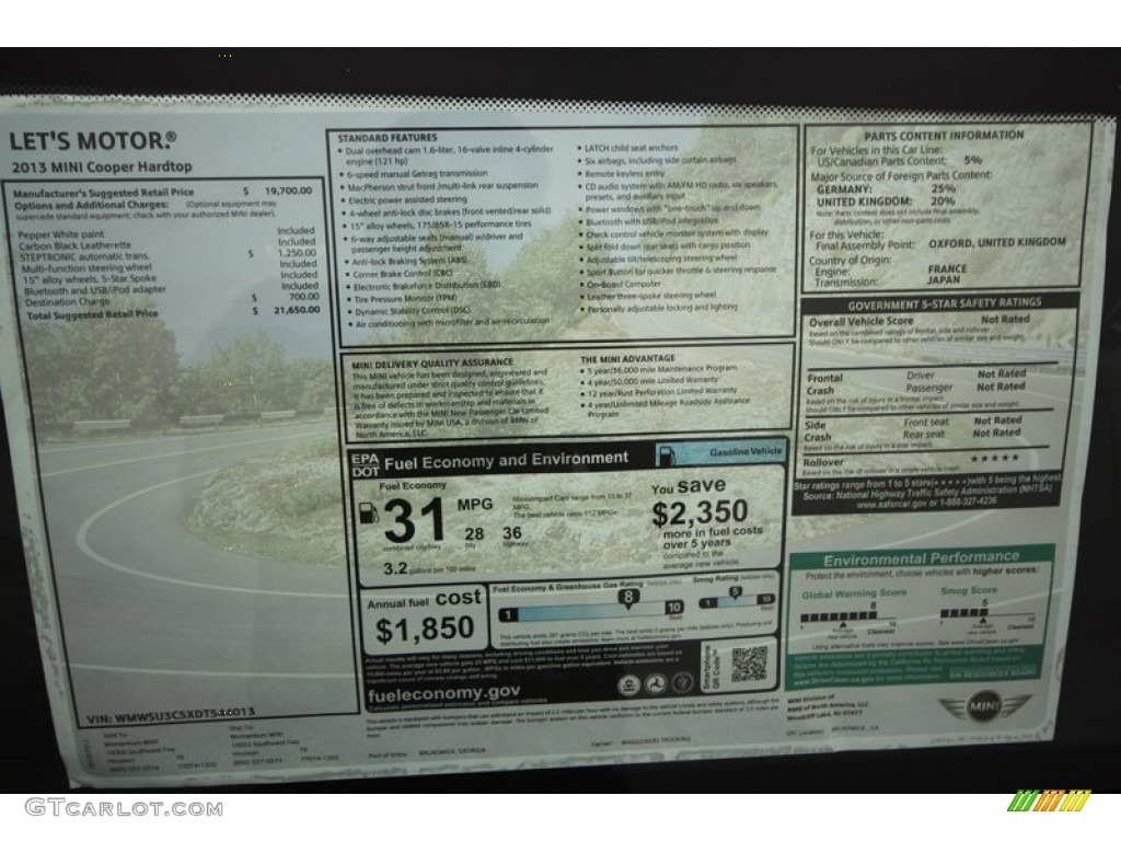 2013 Mini Cooper Hardtop Window Sticker Photo #69176974
