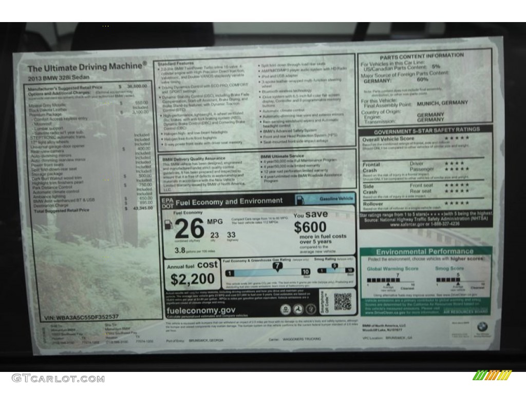 2013 BMW 3 Series 328i Sedan Window Sticker Photo #69178012