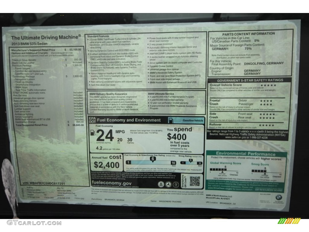 2013 BMW 5 Series 535i Sedan Window Sticker Photo #69178266