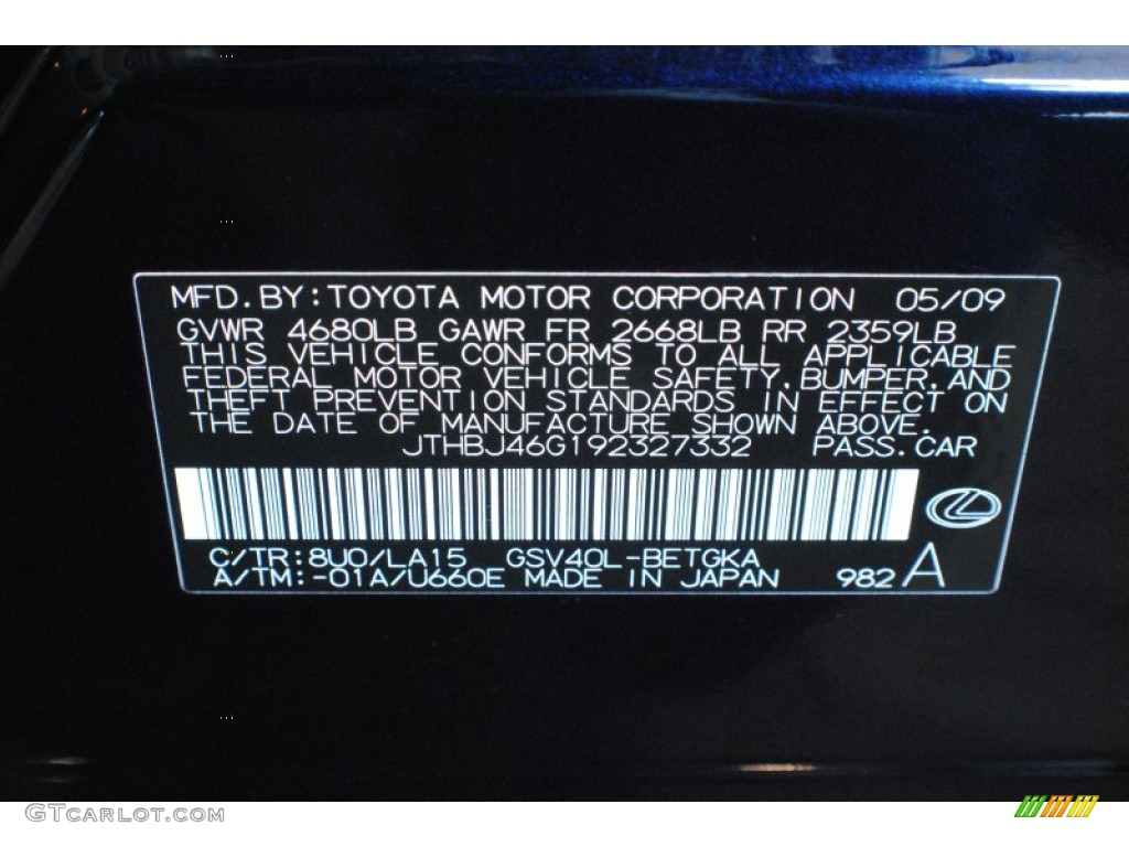 2009 ES Color Code 8U0 for Black Sapphire Pearl Photo #69193231