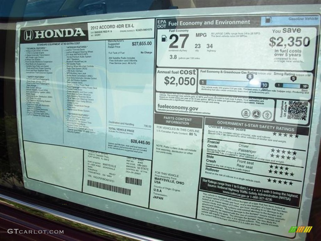 2012 Honda Accord EX-L Sedan Window Sticker Photo #69198733