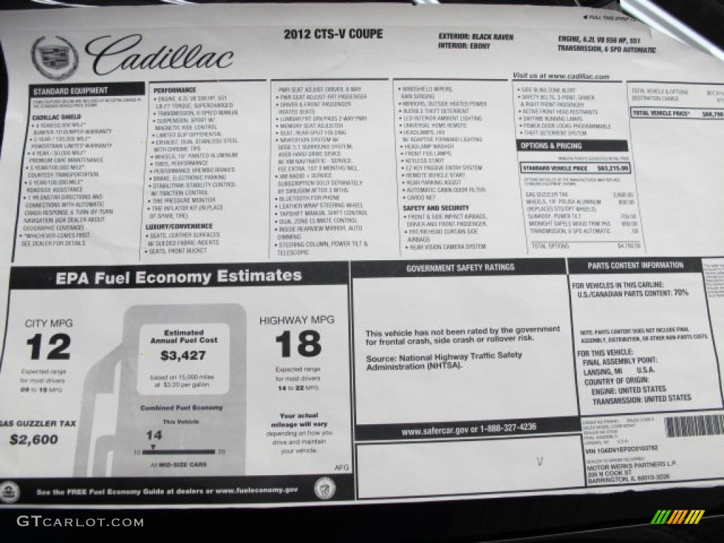 2012 Cadillac CTS -V Coupe Window Sticker Photo #69200524