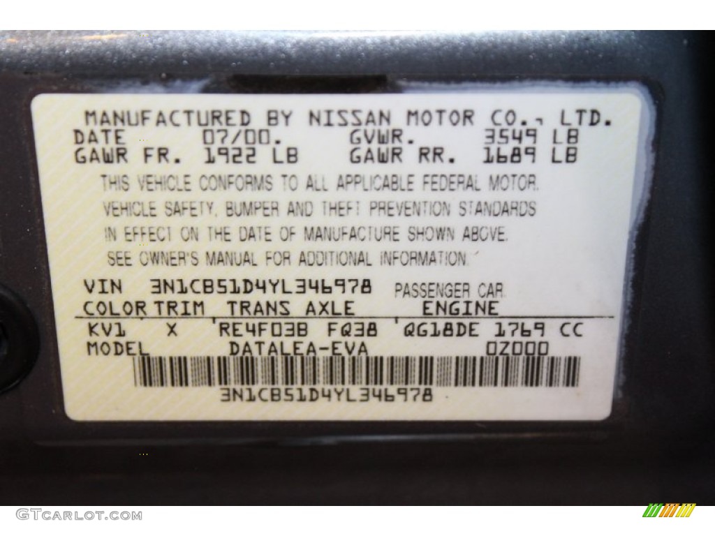 2000 Nissan Sentra GXE Color Code Photos