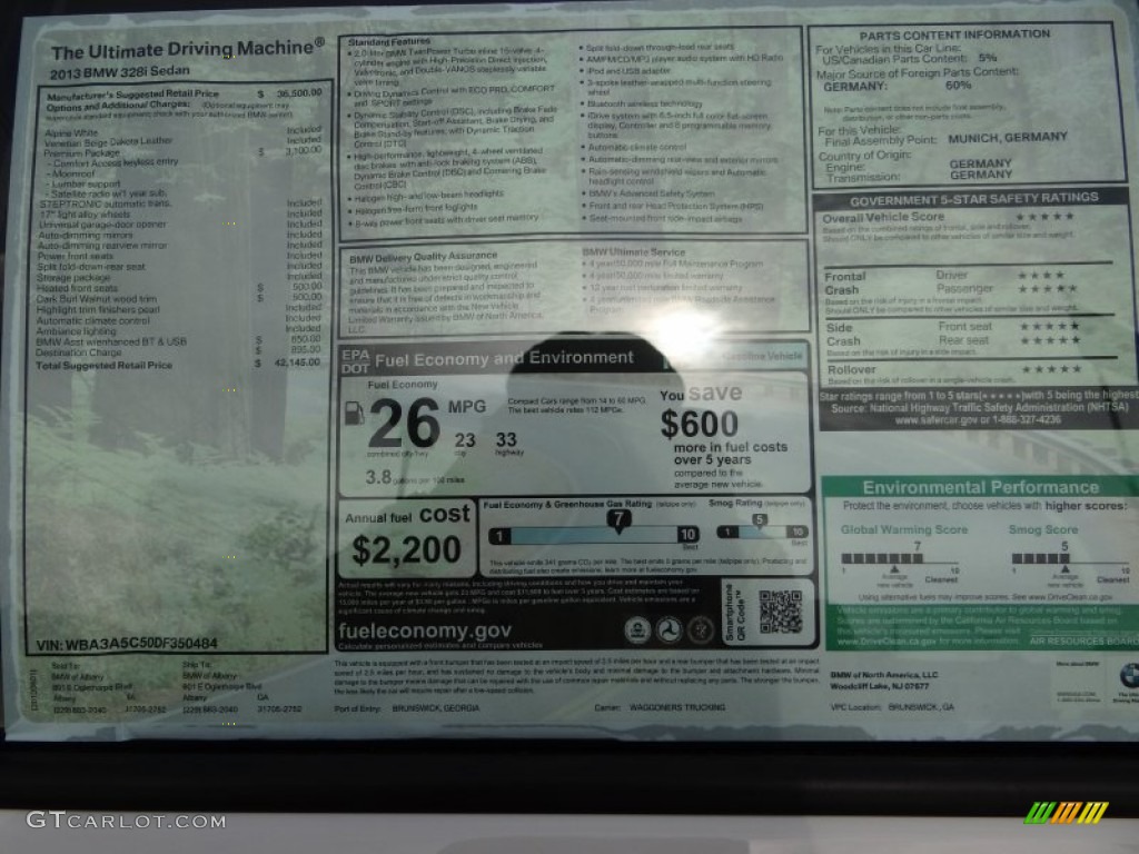 2013 BMW 3 Series 328i Sedan Window Sticker Photo #69242136