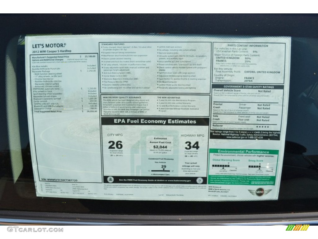 2012 Mini Cooper S Hardtop Bayswater Package Window Sticker Photo #69252141
