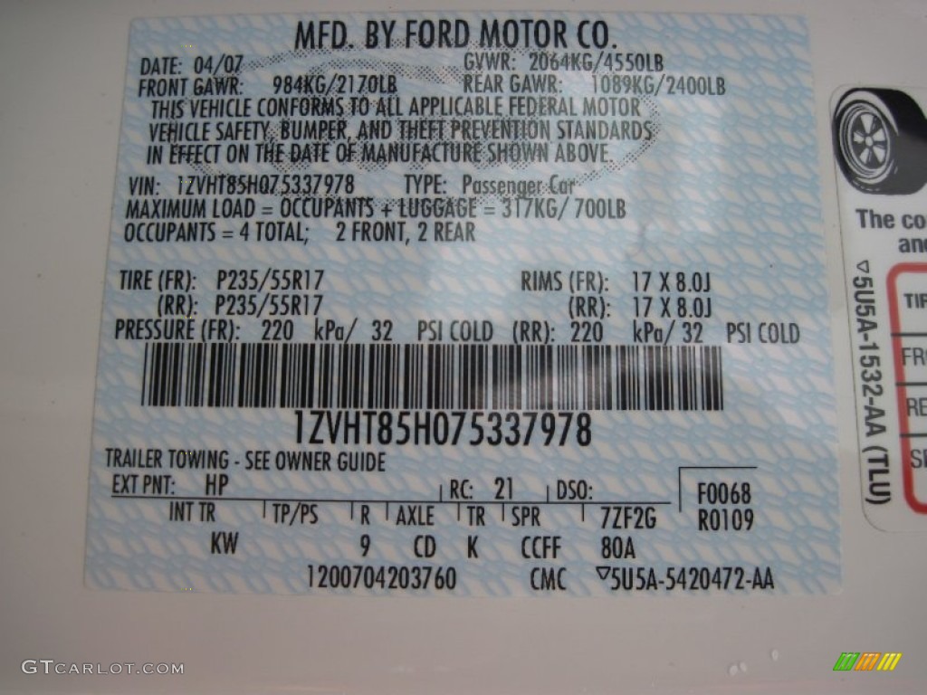 2007 Mustang Color Code HP for Performance White Photo #69285666