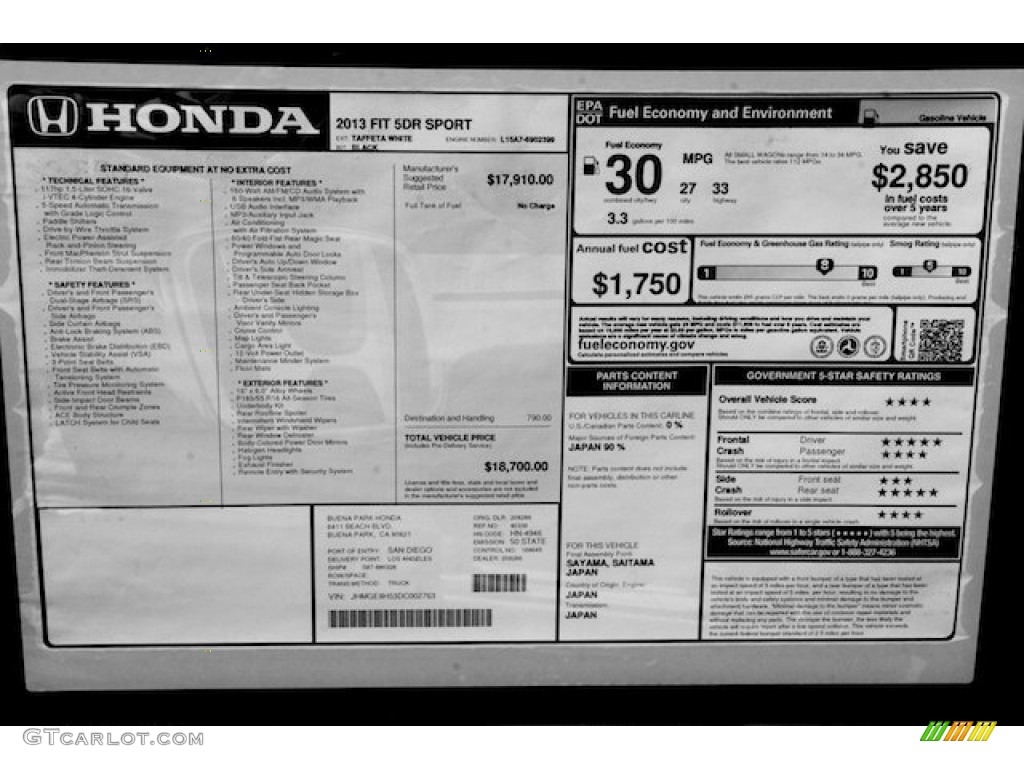 2013 Honda Fit Sport Window Sticker Photo #69302339