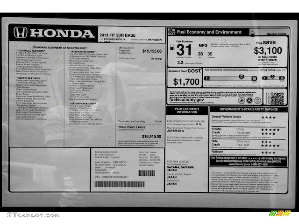 2013 Honda Fit Standard Fit Model Window Sticker Photo #69302492