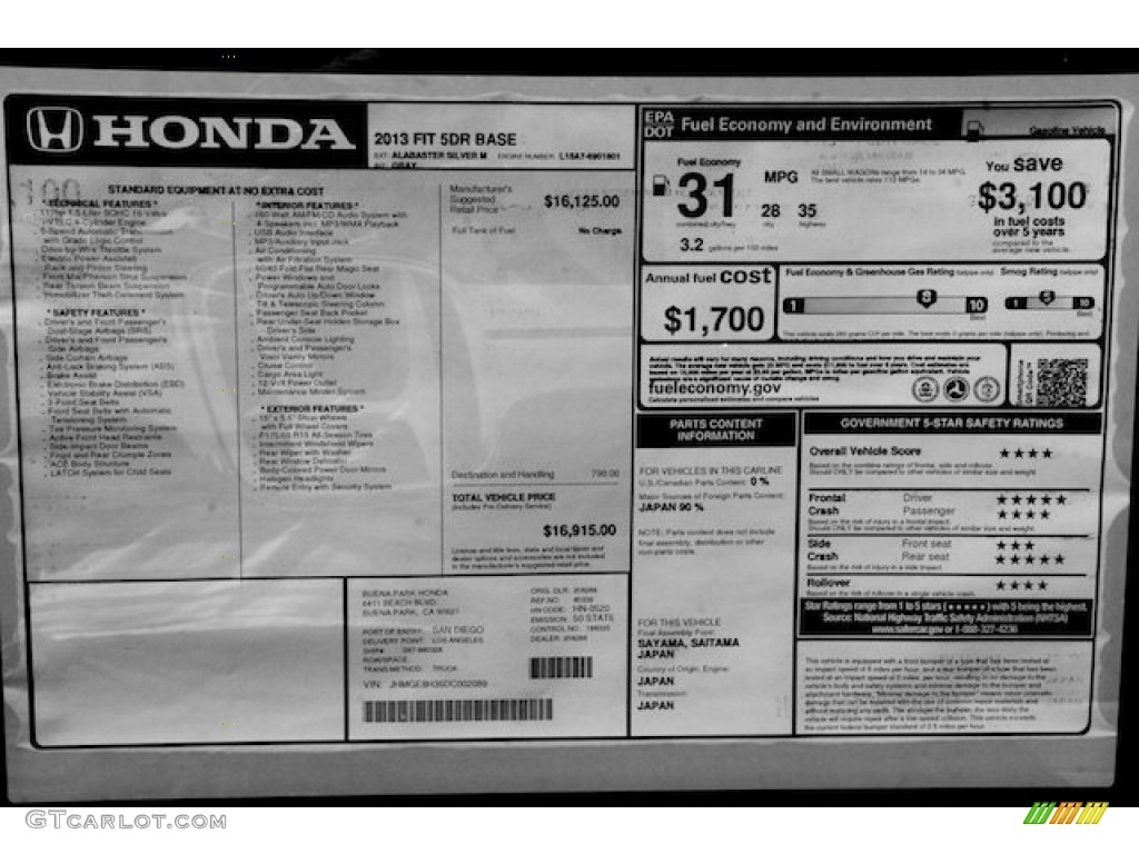 2013 Honda Fit Standard Fit Model Window Sticker Photo #69302645