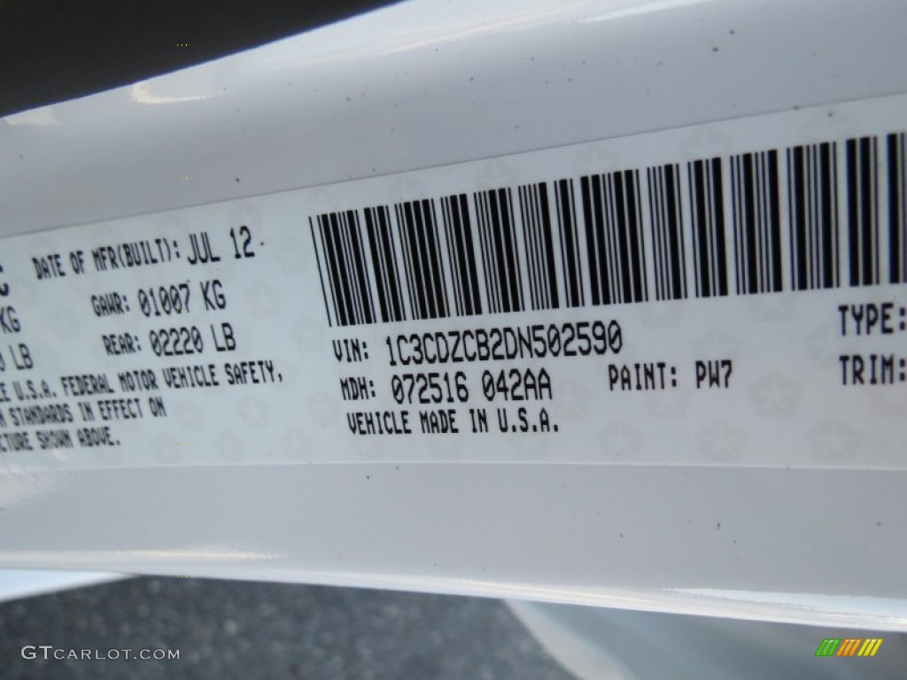 2013 Avenger Color Code PW7 for New Bright White Photo #69315405