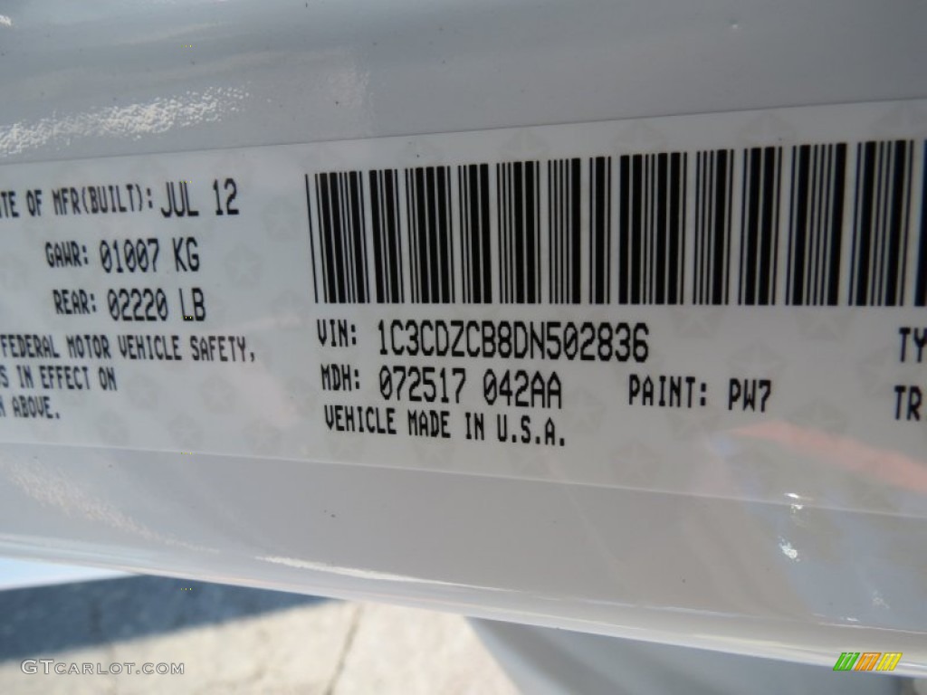 2013 Avenger Color Code PW7 for New Bright White Photo #69315702