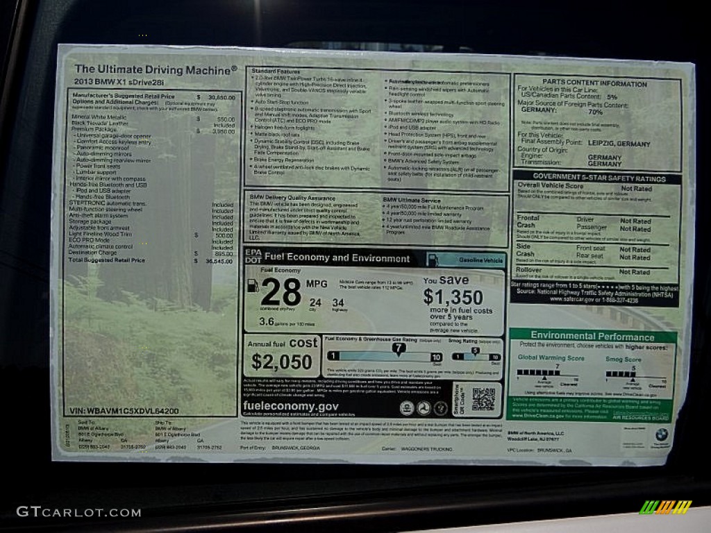 2013 BMW X1 sDrive 28i Window Sticker Photo #69327249