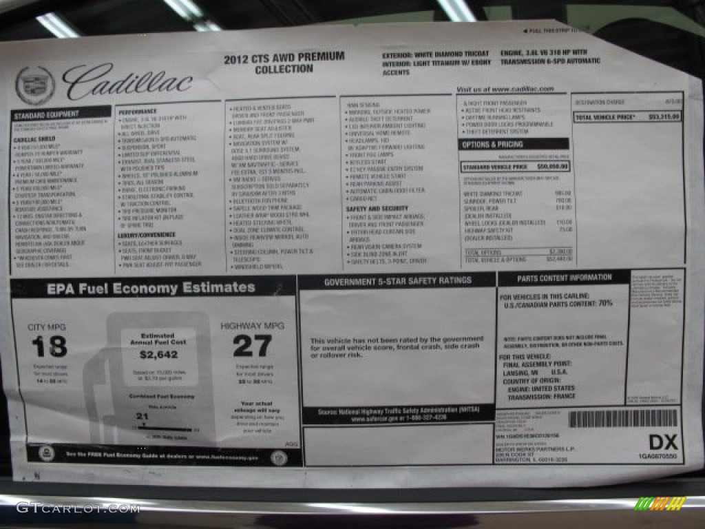 2012 Cadillac CTS 4 AWD Coupe Window Sticker Photo #69337743