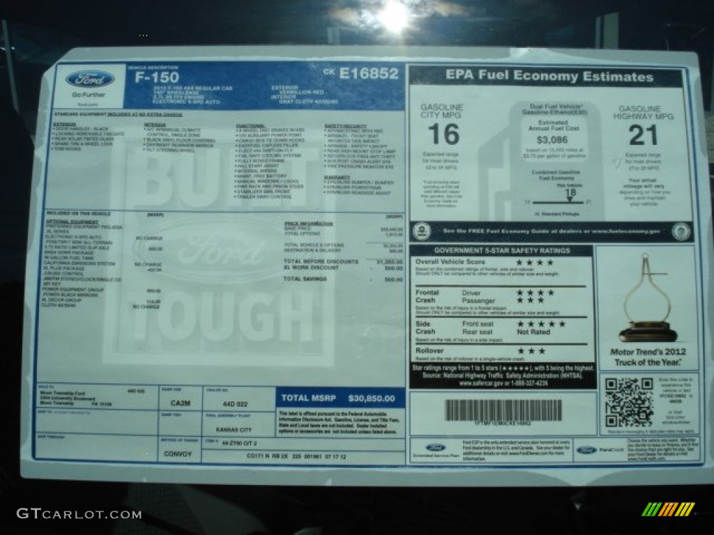 2012 Ford F150 XL Regular Cab 4x4 Window Sticker Photo #69347886