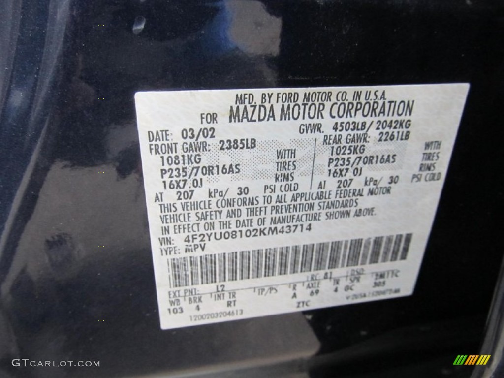 2002 Mazda Tribute ES V6 4WD Color Code Photos