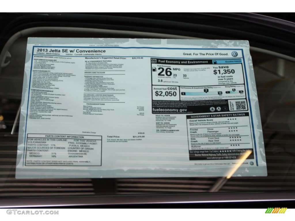 2013 Volkswagen Jetta SE Sedan Window Sticker Photo #69365908
