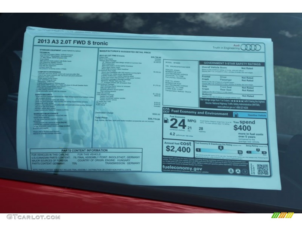 2013 Audi A3 2.0 TFSI Window Sticker Photo #69370645