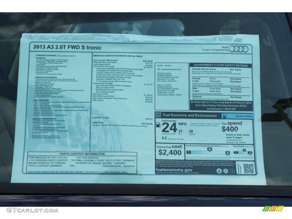 2013 Audi A3 2.0 TFSI Window Sticker Photo #69370894
