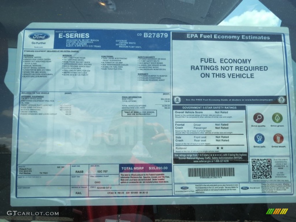 2012 Ford E Series Van E350 XL Extended Passenger Window Sticker Photos