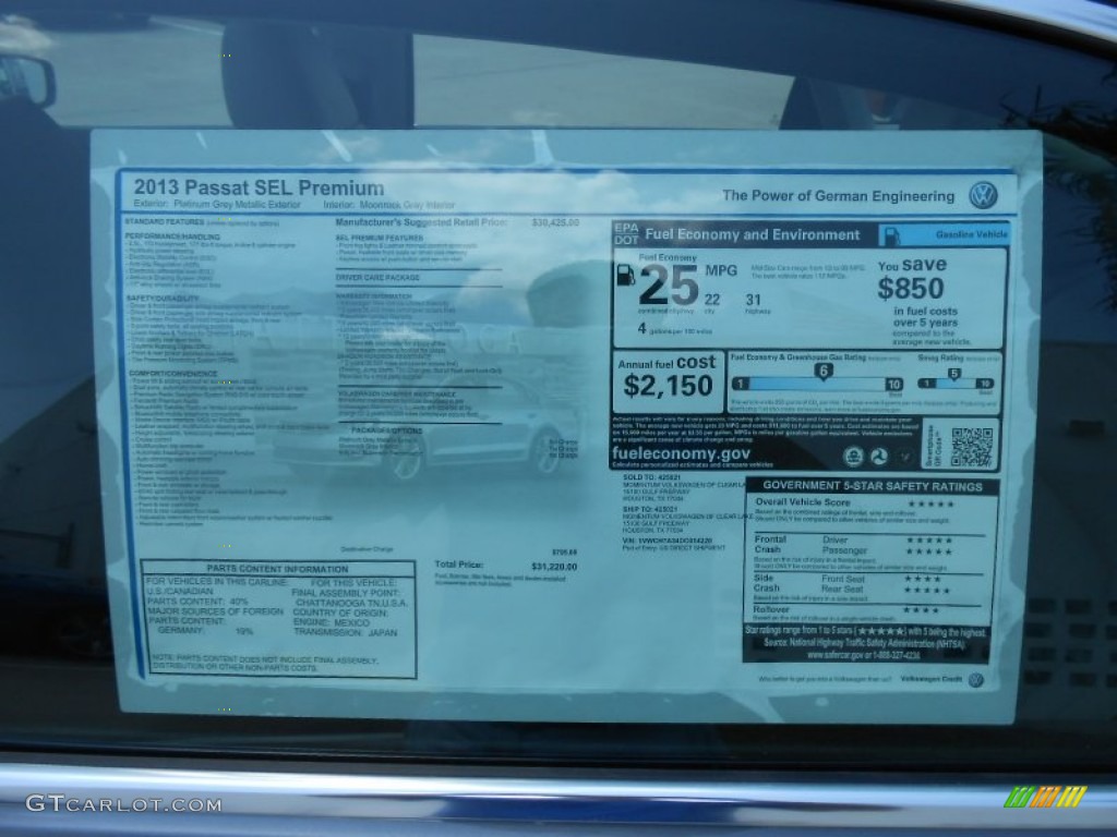 2013 Volkswagen Passat 2.5L SEL Window Sticker Photo #69378457