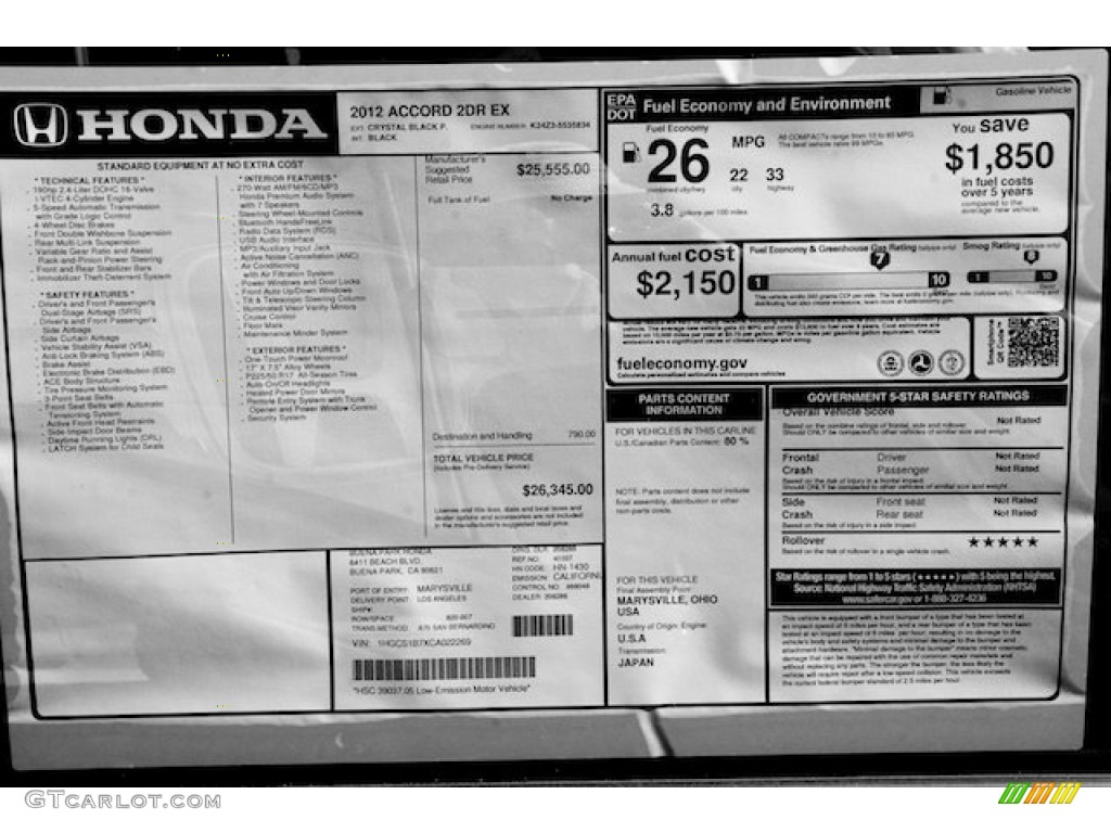 2012 Honda Accord EX Coupe Window Sticker Photos