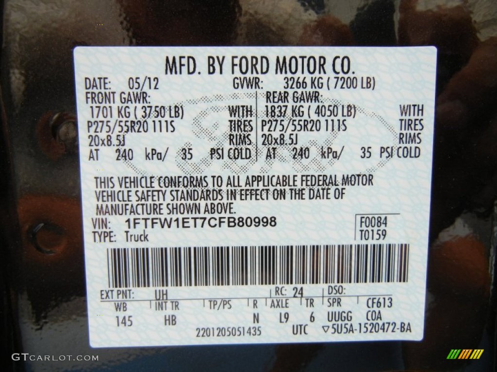 2012 F150 Color Code UH for Tuxedo Black Metallic Photo #69400975