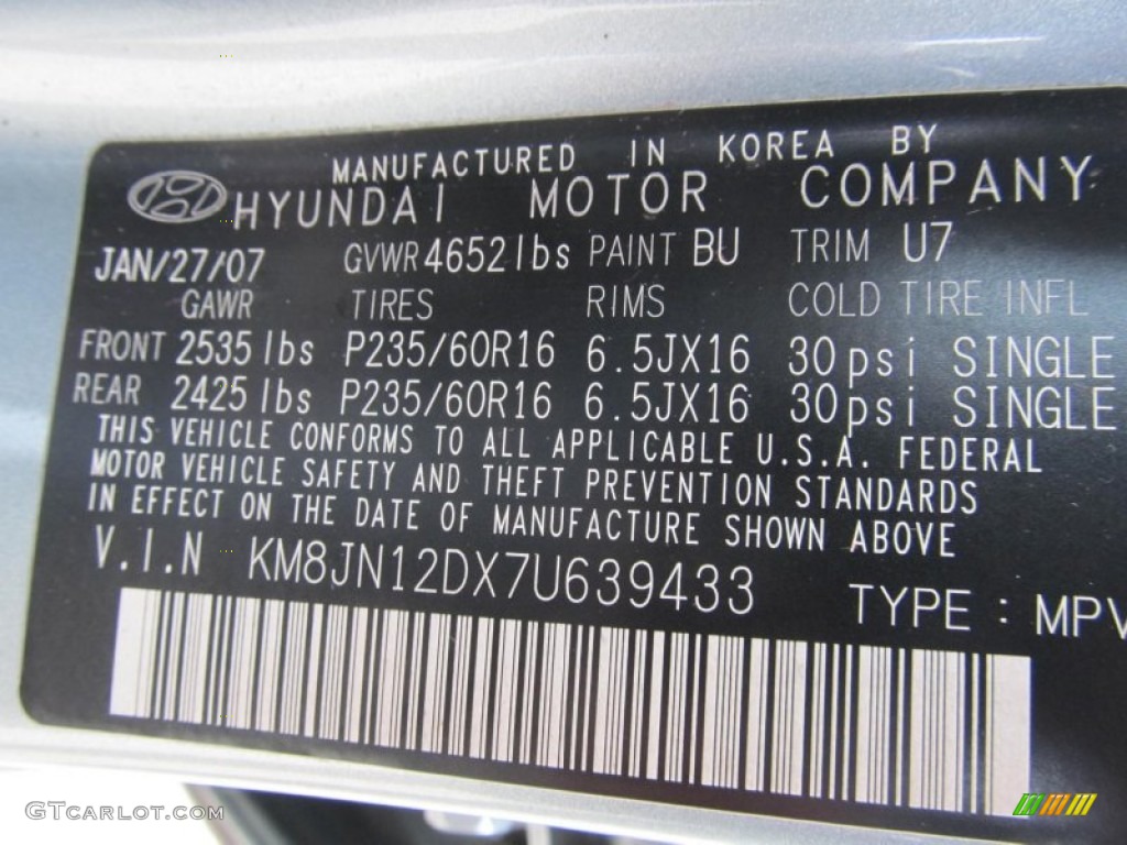 2007 Hyundai Tucson SE Color Code Photos