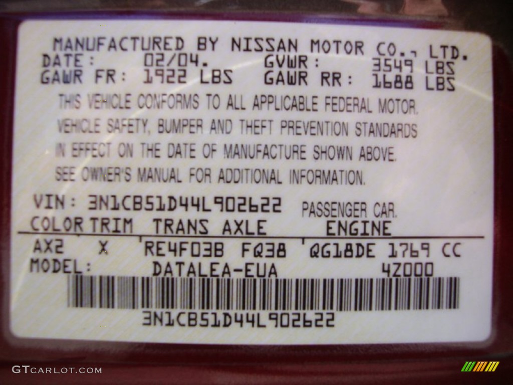 2004 Sentra Color Code AX2 for Inferno Red Photo #69408477