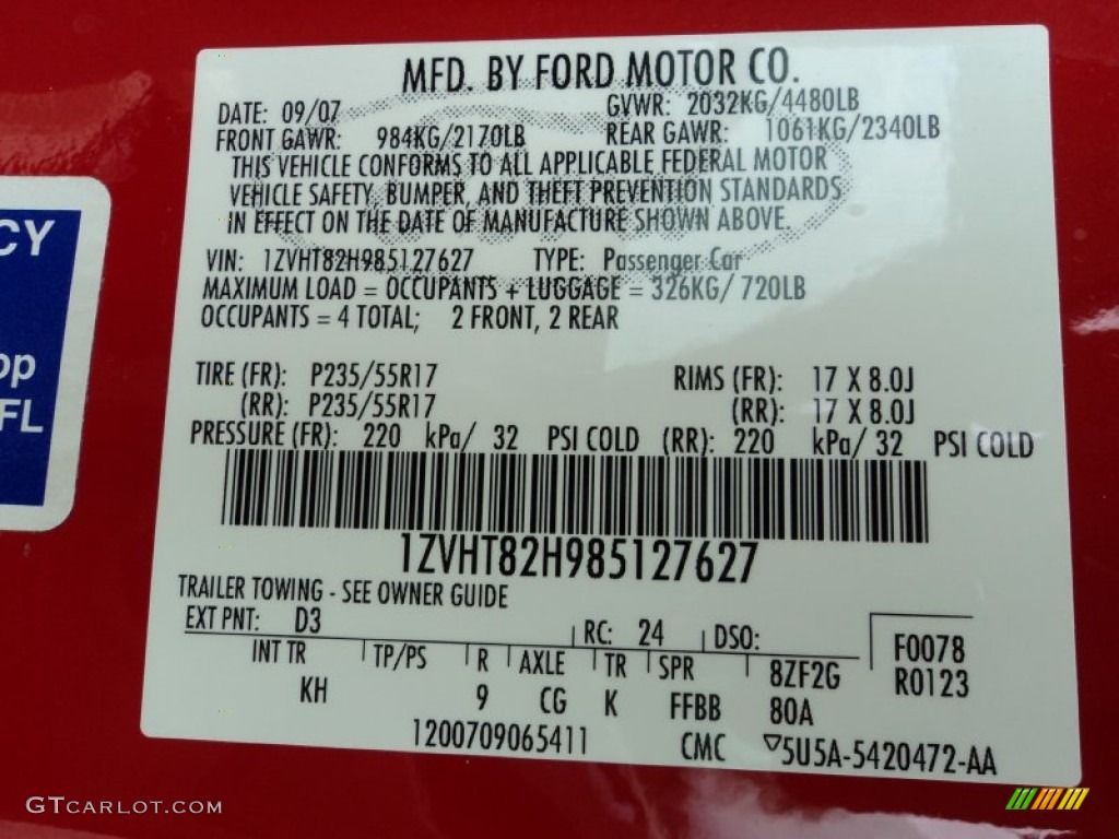2008 Mustang Color Code D3 for Torch Red Photo #69409768