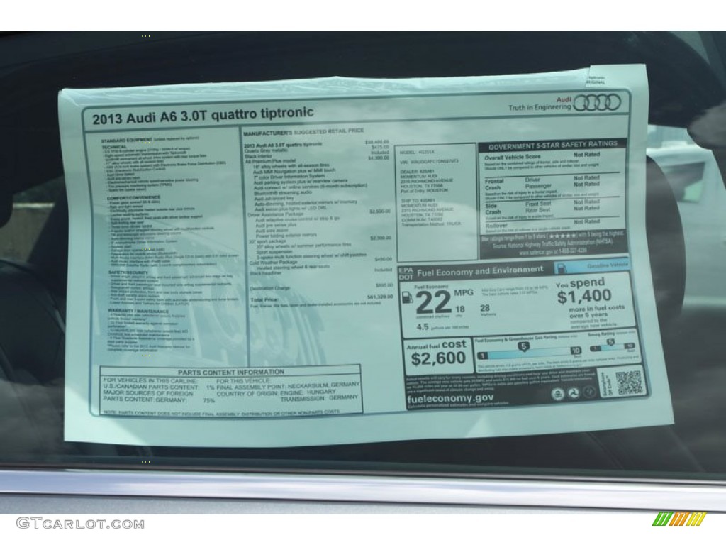 2013 Audi A6 3.0T quattro Sedan Window Sticker Photo #69410974