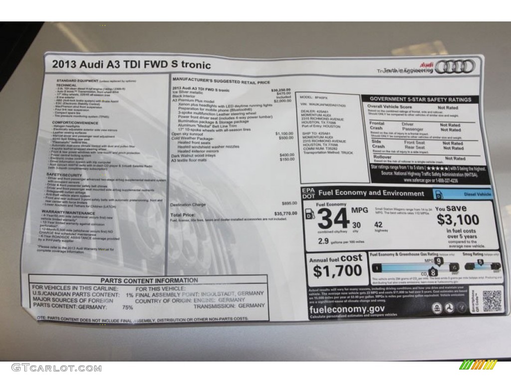 2013 Audi A3 2.0 TDI Window Sticker Photo #69411928
